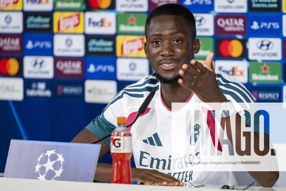 Real Madrid CF Training Session And press conference, PK, Pressekonferenz - UEFA Champions League 2026 27 League Phase MD3 MADRID, SPAIN - OCTOBER 20: Ibrahima Konate of Real Madrid CF is seen speaking during the press conference on day ahead of the UEFA Champions League 2026 27 League Phase MD3 at Ciudad Real Madrid on October 20, 2026 in Valdebebas, Spain. Valdebebas Ciudad Real Madrid Madrid Spain