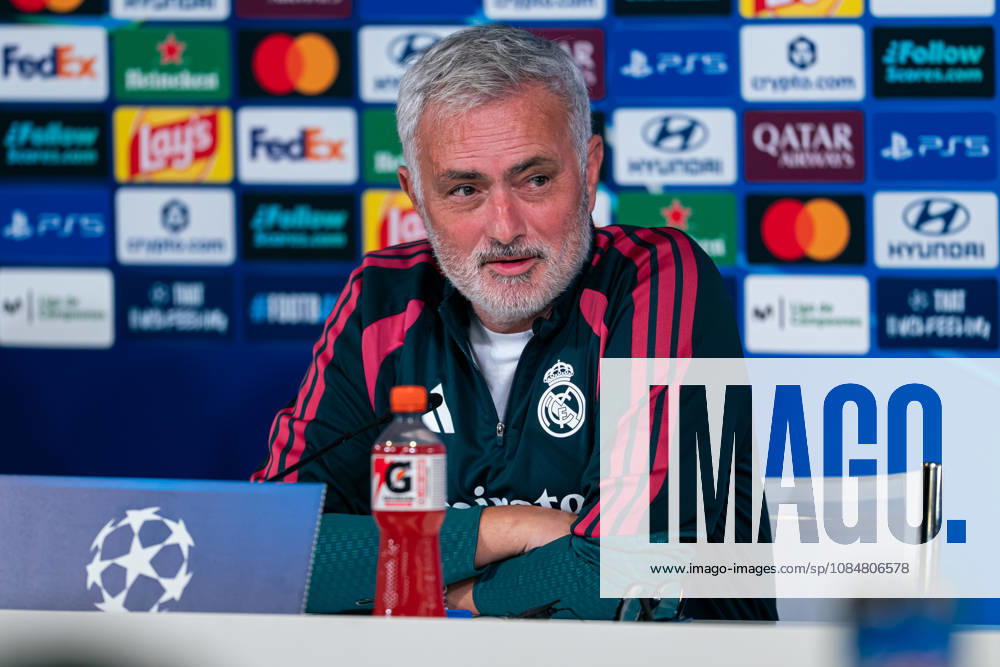 IPA89948956 - MADRID, SPAIN - OCTOBER 20: Jose Mourinho, head coach of Real Madrid CF, speaks during the press conference, PK, Pressekonferenz on the day before Matchday 3 of the 2026 27 UEFA Champions League group stage at Ciudad Real Madrid on October 20, 2026, in Madrid, Spain. during Real Madrid - Training and Press Conference, a UEFA Champions League soccer match in Madrid, Spain, on October 20, 2026