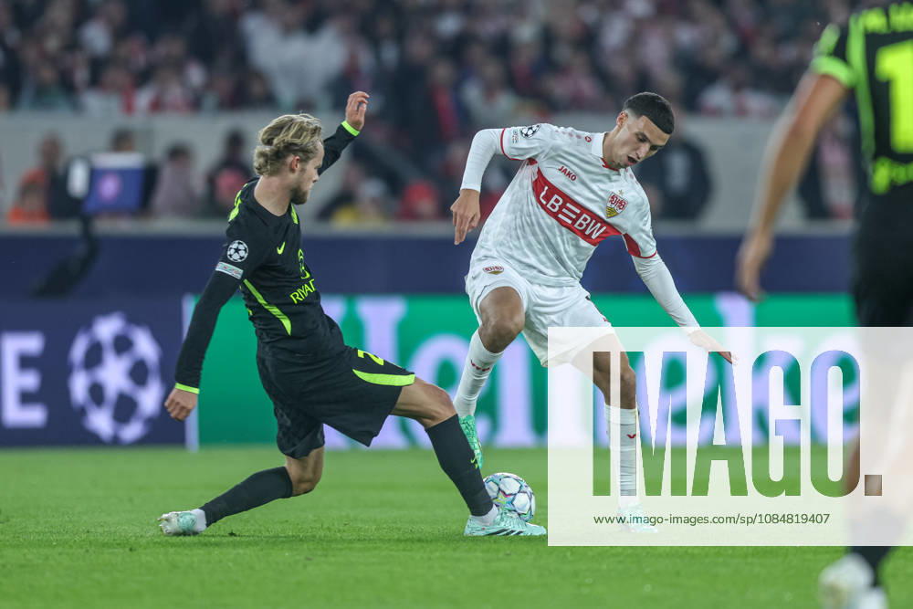 GER, Stuttgart, VfB Stuttgart vs Atletico Madrid, Fussball, UEFA, Spielzeit 2026 2027, Champions League, MHP-Arena, 3. Spieltag im Bild v.l.: Morten Hjulmand (Atletico Madrid 23), Bilal El Khannouss (VfB Stuttgart 11) DFB DFL REGULATIONS PROHIBIT ANY USE OF PHOTOGRAPHS AS IMAGE SEQUENCES AND OR QUASI-VIDEO, 200.2026