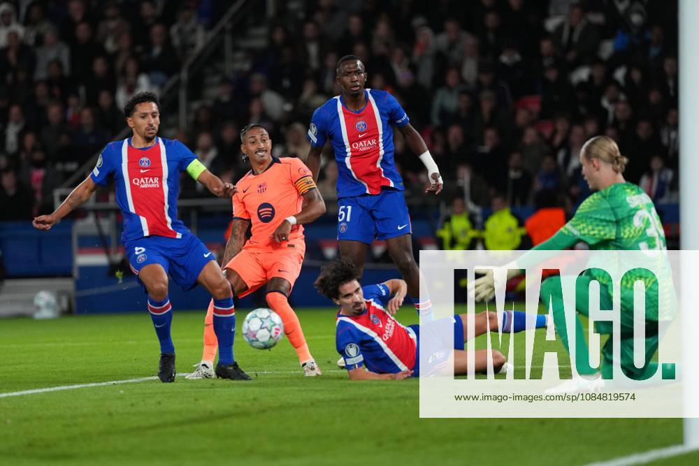 Raphinha of Barcelona sees his shot saved by Matvey Safonov of PSG Paris Saint-Germain v Barcelona, UEFA Champions League, Football, Parc des Princes, Paris, France - 20 Oct 2026Paris Parc des Princes France