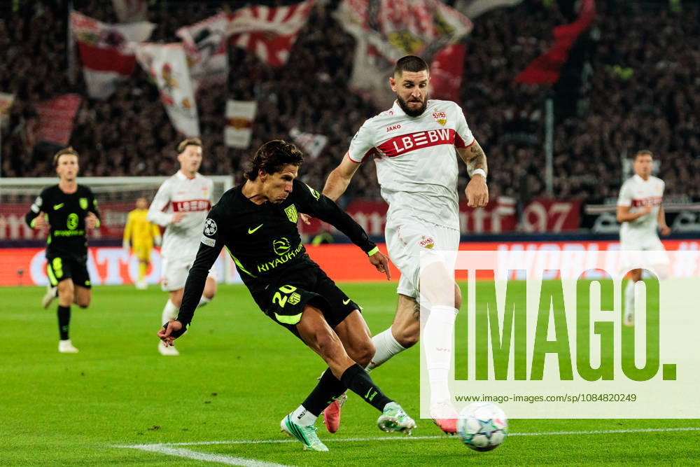 Giuliano Simeone (Atletico de Madrid, 20) controls the ball against Jeff Chabot (VfB Stuttgart, 24) during the UEFA Champions League match between VfB Stuttgart vs. Atletico de Madrid at Arena Stuttgart on matchday 3 of the UEFA Champions League on October 20, 2026 in Stuttgart, Germany. Baden-Wuerttemberg Germany