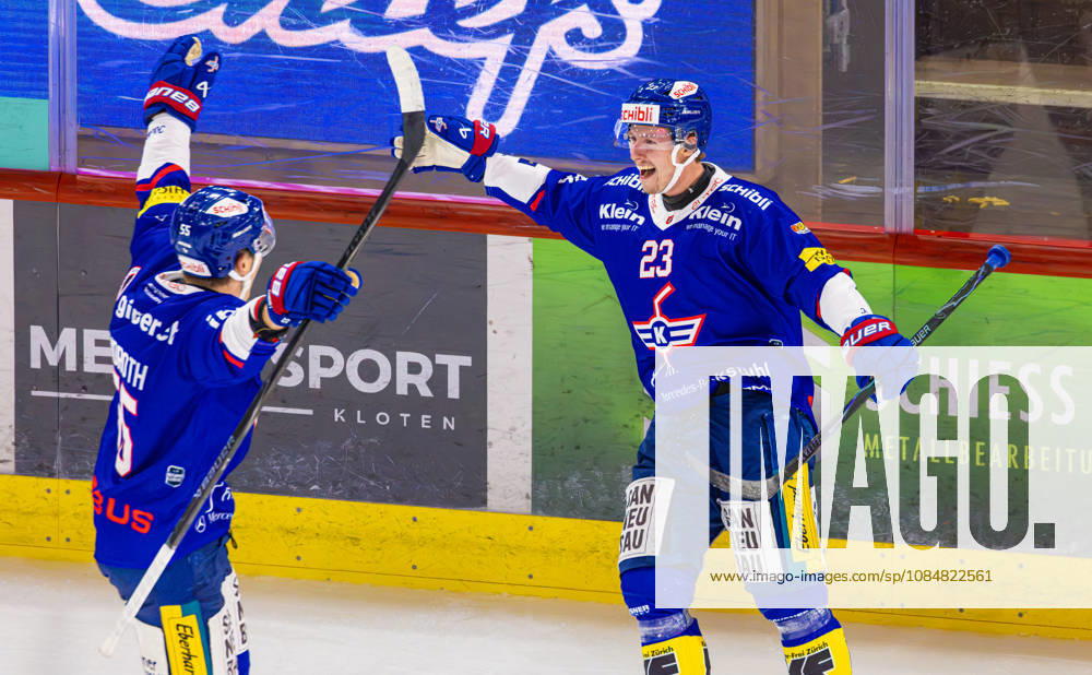 Ice hockey, Eishockey National League Regular Season - EHC Kloten vs Lausan Kloten, Switzerland, 20th Oct 2026: 53rd minute of the game: 23 Simon Johansson celebrates, putting Kloten ahead 3-2. 55 Max Lindroth (Kloten) also celebrates.