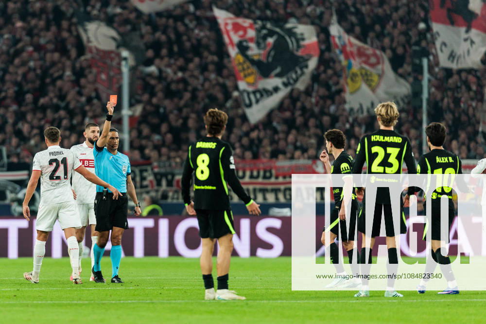 Referee Serdar Gozuebueyuek (NED) showing the red card for Morten Hjulmand (Atletico de Madrid, 23) during the UEFA Champions League match between VfB Stuttgart vs. Atletico de Madrid at Arena Stuttgart on matchday 3 of the UEFA Champions League on October 20, 2026 in Stuttgart, Germany. Baden-Wuerttemberg Germany