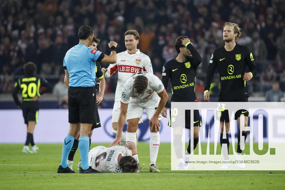 Angelo Stiller (VfB Stuttgart, 06) verletzt am Boden , Deutschland, Fussball, UEFA Champions League, 3. Spieltag, 2026 2027, VfB Stuttgart vs. Atletico Madrid, 20.10.2026, Stuttgart Arena Stuttgart Deutschland