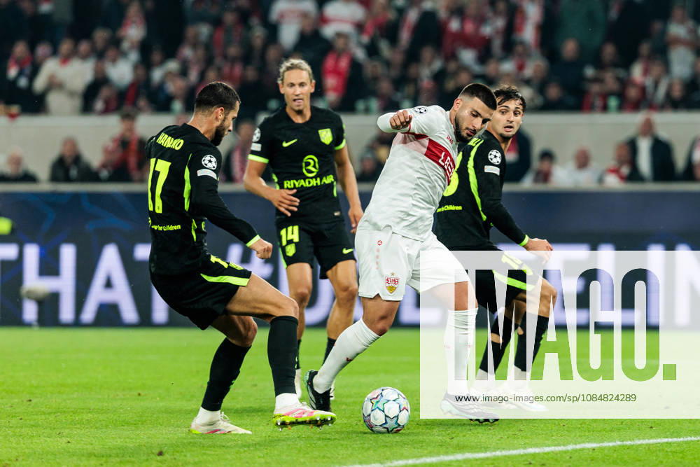 Deniz Undav (VfB Stuttgart, 26) controls the ball against David Hancko (Atletico de Madrid, 17), Marcos Llorente (Atletico de Madrid, 14) and Marc Pubill (Atletico de Madrid, 18) during the UEFA Champions League match between VfB Stuttgart vs. Atletico de Madrid at Arena Stuttgart on matchday 3 of the UEFA Champions League on October 20, 2026 in Stuttgart, Germany. Baden-Wuerttemberg Germany