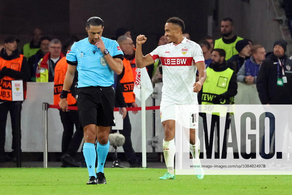 Fussball UEFA Champions League, VfB Stuttgart - Atletico Madrid v.l. Torjubel nach dem Tor zum celebrating the goal celebrate 1:0 durch Jamie Leweling (VfB Stuttgart) Stuttgart