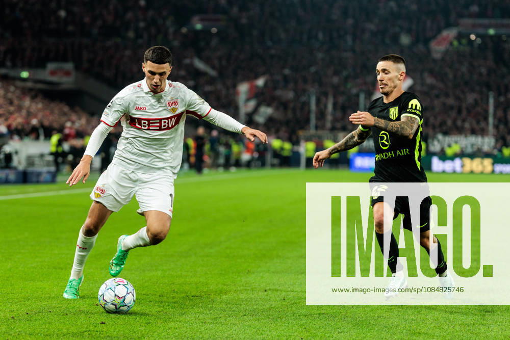 Bilal El Khannouss (VfB Stuttgart, 11) controls the ball against Alejandro Grimaldo (Atletico de Madrid, 22) during the UEFA Champions League match between VfB Stuttgart vs. Atletico de Madrid at Arena Stuttgart on matchday 3 of the UEFA Champions League on October 20, 2026 in Stuttgart, Germany. Baden-Wuerttemberg Germany