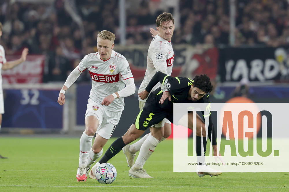 Im Bild: v.li. Chris Fuehrich (VfB Stuttgart, 10) am Ball, Angelo Stiller (VfB Stuttgart, 6) und Johnny Cardoso (Atletico Madrid, 5) 20.10.2026, VfB Stuttgart - Atletico Madrid, UEFA Champions League, 3. Spieltag, Deutschland, Stuttgart, MHP Arena, DFL REGULATIONS PROHIBIT ANY USE OF PHOTOGRAPHS AS IMAGE SEQUENCES AND OR QUASI-VIDEO.
