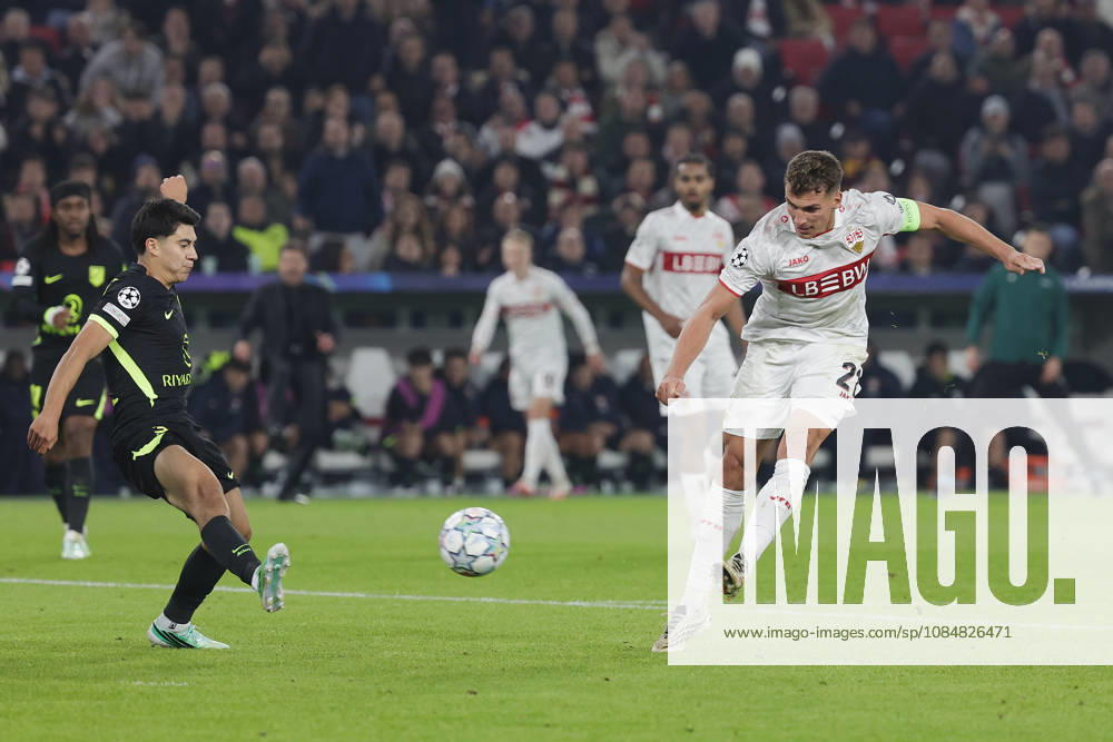 Im Bild: v.li. Obed Vargas (Atletico Madrid, 3) und der Schuss von Grischa Proemel (VfB Stuttgart, 21) 20.10.2026, VfB Stuttgart - Atletico Madrid, UEFA Champions League, 3. Spieltag, Deutschland, Stuttgart, MHP Arena, DFL REGULATIONS PROHIBIT ANY USE OF PHOTOGRAPHS AS IMAGE SEQUENCES AND OR QUASI-VIDEO.