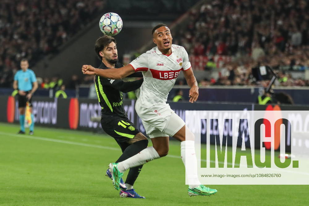 Stuttgart 20.10.2026. Pilka nozna Liga Mistrzow UEFA sezon 2026 2027 kolejka 3 mecz: VfB Stuttgart - Atletico Madryt --- Football UEFA Champions League season 2025 2026 round 3 match: VfB Stuttgart - Atletico de Madrid nz Jamie Leweling, Alex Baena Fot. Kacper Staniec NEWSPIX.PL --- newspix.pl