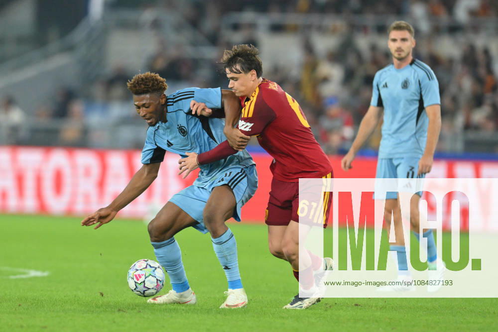 20th October 2026; Stadio Olimpico, Rome, Italy; UEFA Champions League Football, Roma versus Slovan Bratislava; Rahim Ibrahim of Slovan Bratislava under pressure from Niccolo Pisilli of Roma AllShotLive