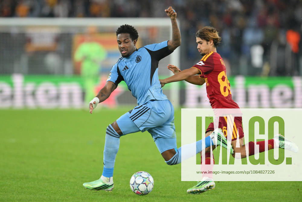 20th October 2026; Stadio Olimpico, Rome, Italy; UEFA Champions League Football, Roma versus Slovan Bratislava; Sandro Cruz of Slovan Bratislava under pressure from Rodrigo Mora of Roma AllShotLive