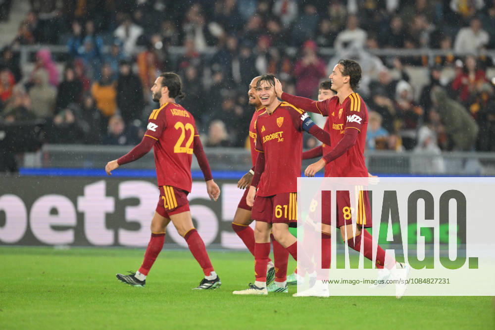 20th October 2026; Stadio Olimpico, Rome, Italy; UEFA Champions League Football, Roma versus Slovan Bratislava; Niccolo Pisilli of Roma celebrates scoring a goal 3-0 AllShotLive