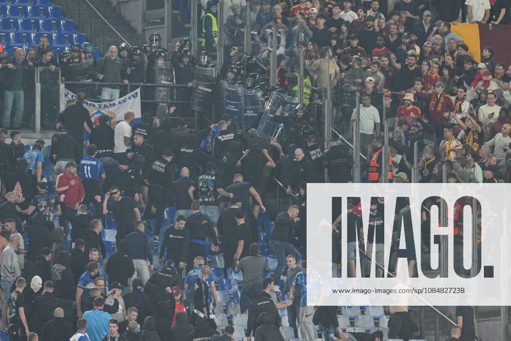 20th October 2026; Stadio Olimpico, Rome, Italy; UEFA Champions League Football, Roma versus Slovan Bratislava; clashes between fans in the stands AllShotLive