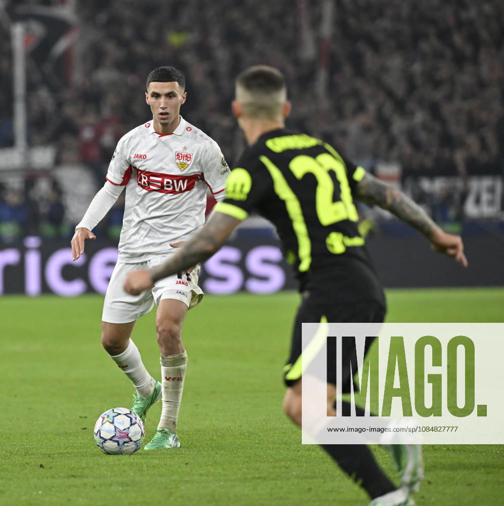 Bilal El Khannouss VfB Stuttgart (11) gegen Alejandro Grimaldo Atletico de Madrid (22) Champions League VfB Stuttgart vs Atletico Madrid 20.10.2026 DFL REGULATIONS PROHIBIT ANY USE OF PHOTOGRAPHS AS IMAGE SEQUENCES AND OR QUASI-VIDEO Champions League VfB Stuttgart vs Atletico Madrid