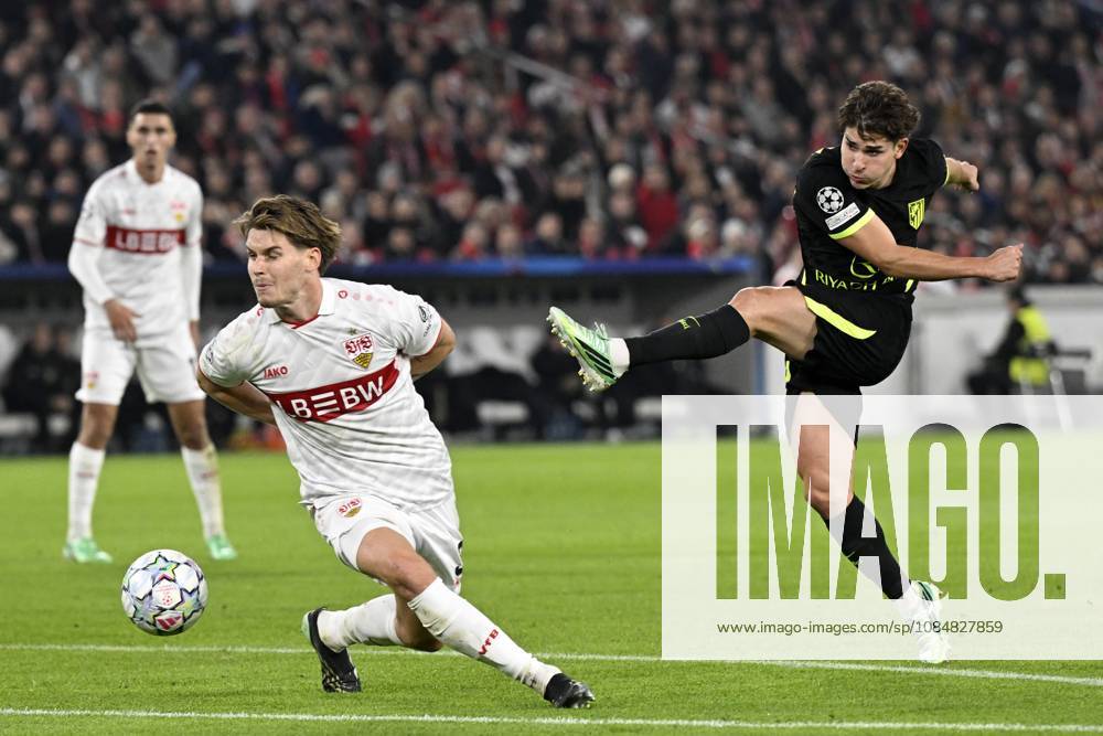 STUTTGART - Pablo Barrios of Atletico Madrid attempts to score (lr) Ramon Hendriks of VFB Stuttgart, Pablo Barrios of Atletico Madrid during the UEFA Champions League match between VFB Stuttgart and Atletico Madrid at Stadion MHP Arena on 20 October 2026 in Stuttgart, Germany. ANP UEFA Champions League 2026 27 ANPxSportx xGerritxvanxKeulenxIVx 573110735 originalFilename: 573110735