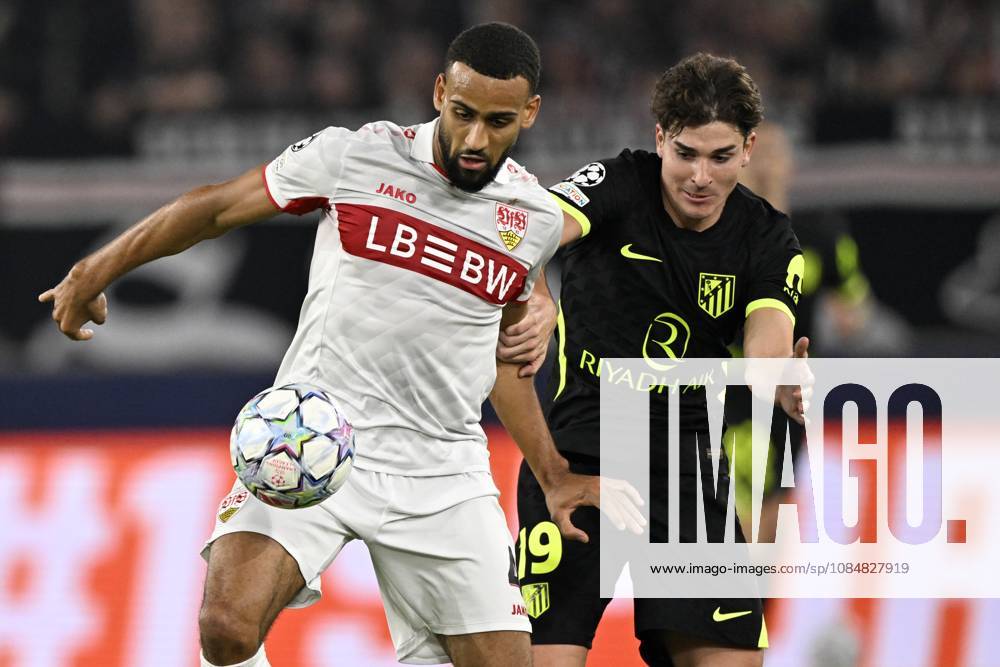 STUTTGART - (lr) Jamie Leweling of VFB Stuttgart, Julian Alvarez of Atletico Madrid during the UEFA Champions League match between VFB Stuttgart and Atletico Madrid at Stadion MHP Arena on 20 October 2026 in Stuttgart, Germany. ANP UEFA Champions League 2026 27 ANPxSportx xGerritxvanxKeulenxIVx 573110788 originalFilename: 573110788