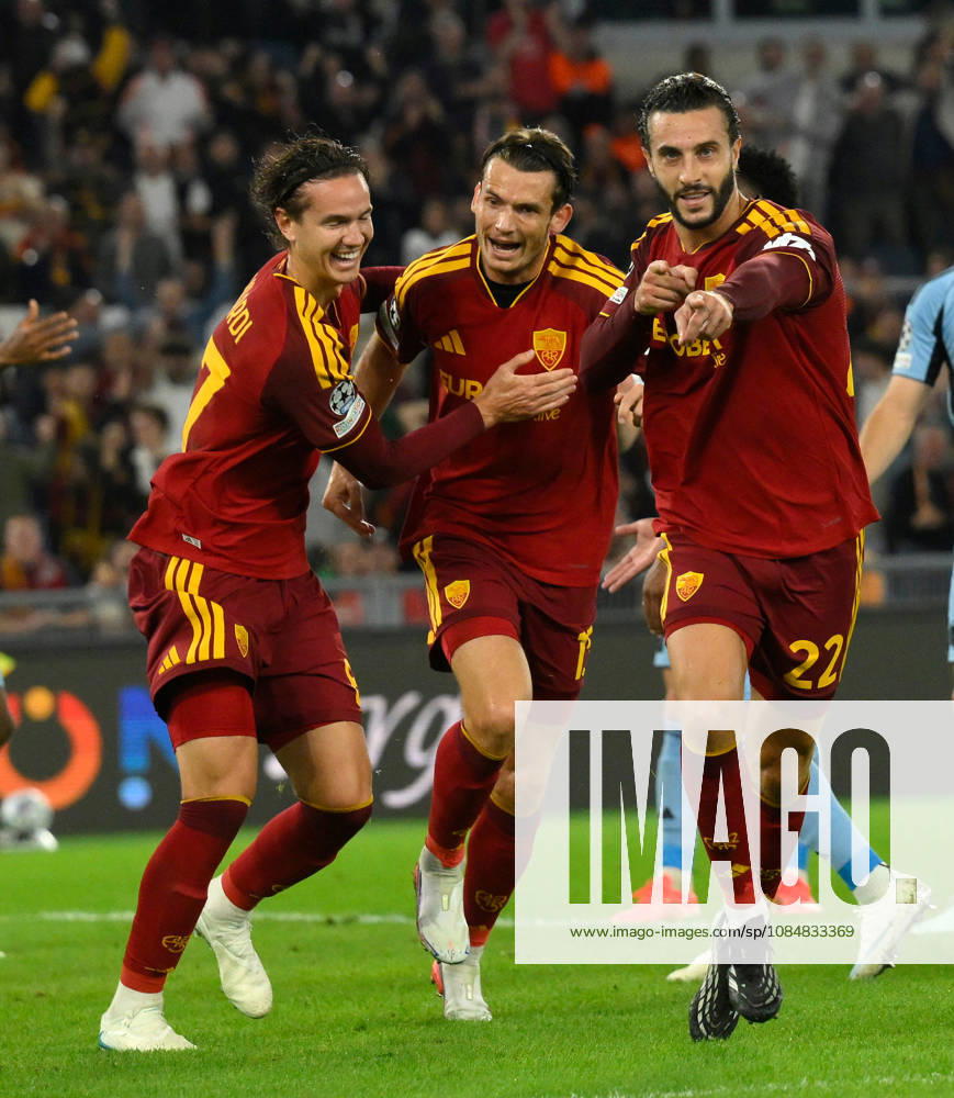 (261021) -- ROME, Oct. 21, 2026 -- Roma s Mario Hermoso (R) celebrates his goal with teammates during the UEFA Champions League football match between Roma and Slovan Bratislava in Rome, Italy, Oct. 20, 2026. (Photo by Xinhua) (SP)ITALY-ROME-FOOTBALL-UEFA CHAMPIONS LEAGUE-ROMA VS SLOVAN BRATISLAVA AlbertoxLingria