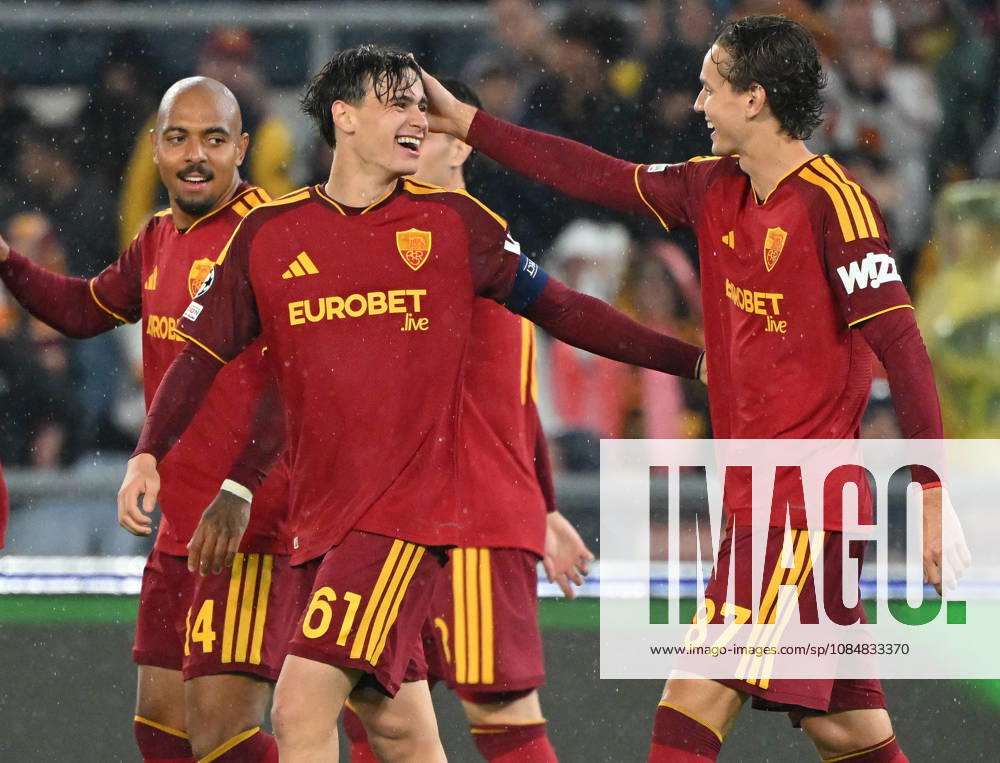 (261021) -- ROME, Oct. 21, 2026 -- Roma s Niccolo Pisilli (2nd L) celebrates his goal with teammates during the UEFA Champions League football match between Roma and Slovan Bratislava in Rome, Italy, Oct. 20, 2026. (Photo by Xinhua) (SP)ITALY-ROME-FOOTBALL-UEFA CHAMPIONS LEAGUE-ROMA VS SLOVAN BRATISLAVA AlbertoxLingria