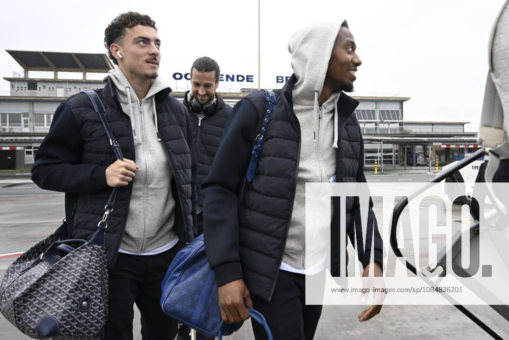 SC Braga v KAA Gent - UEFA Conference League Media Activities 21 10 2026 OOSTENDE, BELGIUM - OCTOBER 21 : Balikwisha Michel-Ange forward of KAA Gent, Delorge Mathias midfielder of KAA Gent and Burgess Christian defender of KAA Gent pictured at the Oostende airport before departure for the UEFA Conference League 2026 27 League Phase matchday 2 match between SC Braga and KAA Gent on October 21, 2026 in Oostende, Belgium, 21 10 2026 Oostende Belgium