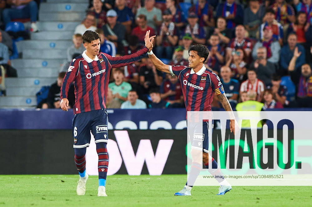 Dani Requena (Levante UD) and Roger Brugue (Levante UD) during the LaLiga EA Sports match between Levante UD and Athletic Club at Estadi Ciutat de València on October 21, 2026 in Valencia, Spain. -