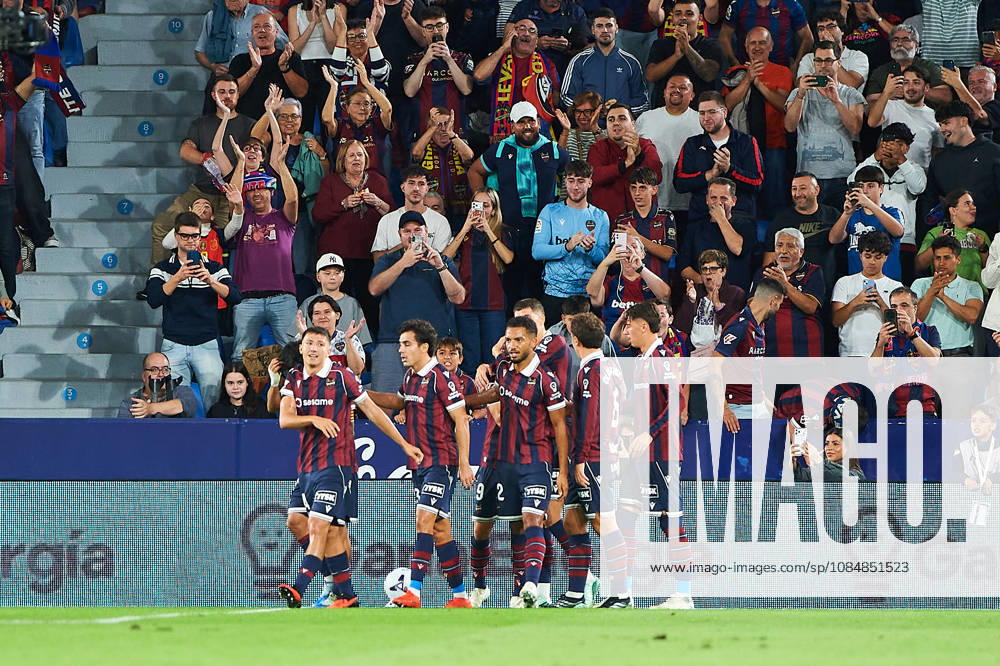 Players of Levante UD celebrates after scoring his team‘s second goal during the LaLiga EA Sports match between Levante UD and Athletic Club at Estadi Ciutat de València on October 21, 2026 in Valencia, Spain. -