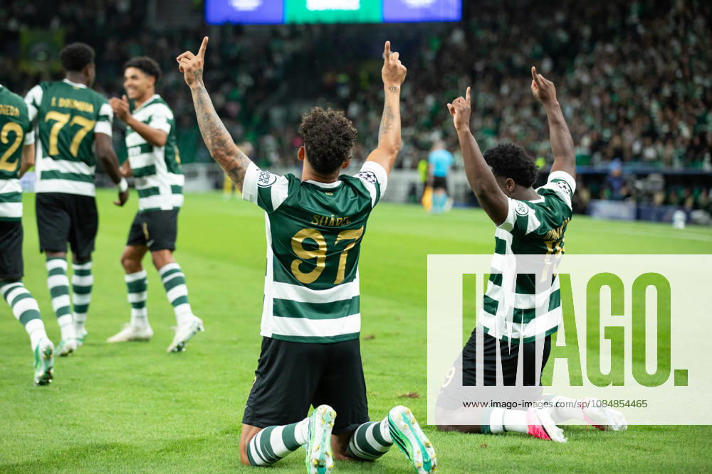 Sporting forward from Colombia LUIS SUAREZ (97) celebrating after scoring a goal with Sporting forward from Australia NESTORY IRANKUNDA (19) during the game for the League Phase for the UEFA Champions League between Sporting and LASK Linz at Estadio Jose de Alvalade Lisbon Portugal - ZUMAs359 20261021_zsp_s359_005