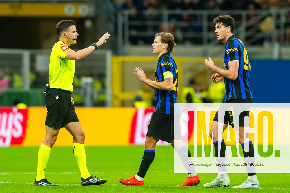 Harm Osmers and Nicolo Barella and Alessandro Bastoniseen during UEFA Champions League 2026 27 league phase game between Internazionale Milano and FC Shakhtar Donetsk (Gleb Soboliev Ball Raw Images) Milan San Siro Italy