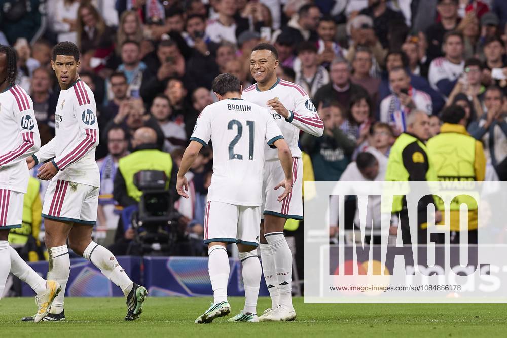 (From L to R) Brahim Diaz and Kylian Mbappe (Real Madrid CF) celebrate a goal during the UEFA Champions League 2026 2027 match between Real Madrid CF and RB Leipzig..Final score: Real Madrid 4-1 RB Leipzig. Madrid Spain - ZUMAs197 20261021_aaa_s197_454