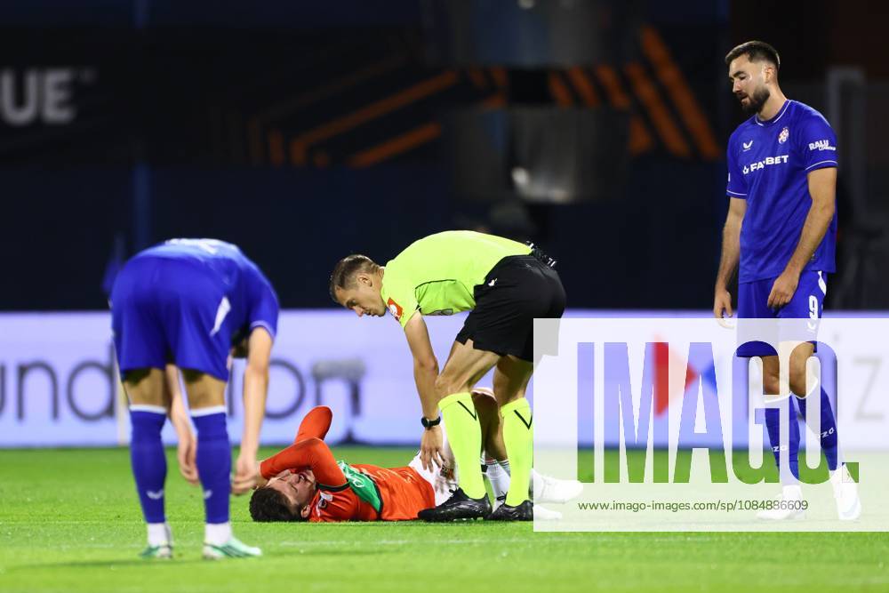, Maksimir Stadium , season 2026 2027 , Europa League football match day 3 , match between Dinamo Zagreb and NEC , Picture shows NEC player Ahmetcan Kaplan, referee Manfredas Lukjancukas, Dinamo Zagreb player Dion Beljo Dinamo Zagreb - NEC x208957062x