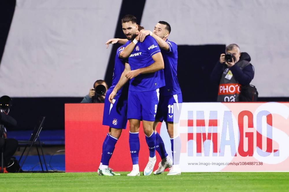 , Maksimir Stadium , season 2026 2027 , Europa League football match day 3 , match between Dinamo Zagreb and NEC , Picture shows Dinamo Zagreb player Luka Stojkovic, Dinamo Zagreb player Dion Beljo, Dinamo Zagreb player Arber Hoxha celebrating the 2-1 Dinamo Zagreb - NEC x208957263x
