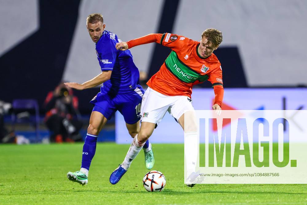 , Maksimir Stadium , season 2026 2027 , Europa League football match day 3 , match between Dinamo Zagreb and NEC , Picture shows Dinamo Zagreb player Luka Stojkovic, NEC player Perr Schuurs Dinamo Zagreb - NEC x208957558x