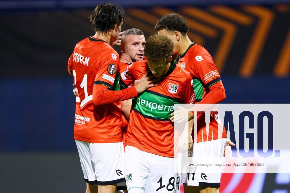 , Maksimir Stadium , season 2026 2027 , Europa League football match day 3 , match between Dinamo Zagreb and NEC , Picture shows NEC player Tobias Storm, NEC player Bryan Linssen, NEC player Dennis Geiger, NEC player Clement Bischoff celebrating the 2-2 Dinamo Zagreb - NEC x208957568x