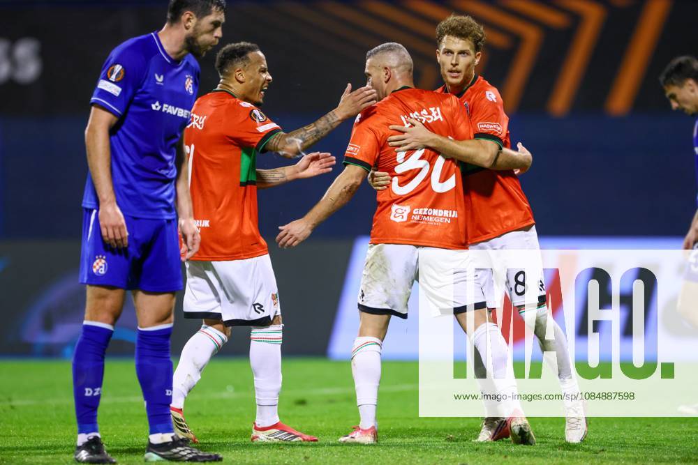 , Maksimir Stadium , season 2026 2027 , Europa League football match day 3 , match between Dinamo Zagreb and NEC , Picture shows NEC player Tjaronn Chery, NEC player Bryan Linssen, NEC player Dennis Geiger celebrating the 2-2 Dinamo Zagreb - NEC x208957572x