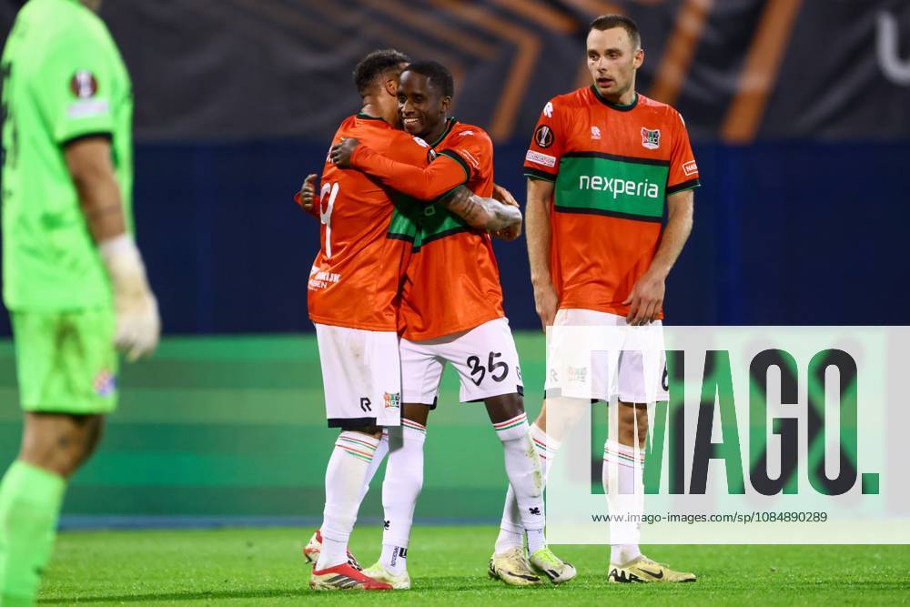 , Maksimir Stadium , season 2026 2027 , Europa League football match day 3 , match between Dinamo Zagreb and NEC , Picture shows NEC player Tjaronn Chery, NEC player Jamiro Monteiro celebrating the 2-4 Dinamo Zagreb - NEC x208959628x