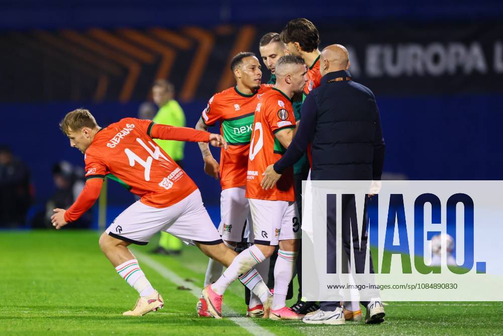 , Maksimir Stadium , season 2026 2027 , Europa League football match day 3 , match between Dinamo Zagreb and NEC , Picture shows NEC player Kaj Sierhuis, NEC player Tjaronn Chery, NEC player Bryan Linssen Dinamo Zagreb - NEC x208959852x
