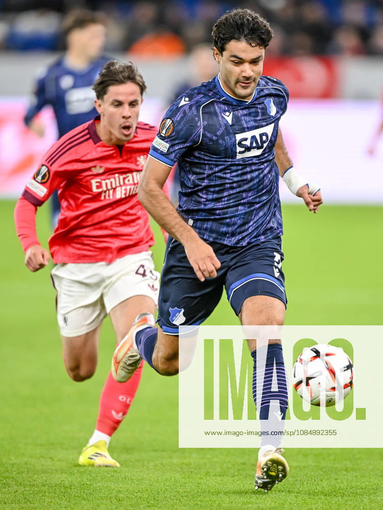 Rémi Himbert (Olympique Lyon) and Ozan Kabak (TSG 1899 Hoffenheim) battle for the ball during the UEFA Europa League 2026 27 League Phase match between TSG 1899 Hoffenheim and Olympique Lyonnais at Rhein-Neckar-Arena on October 22, 2026 in Sinsheim, Germany. (Photo by Harry Langer DeFodi Images) -