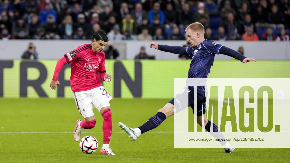 V.li.: Kail Boudache (OL, 26), Mats Rots (Hoffenheim, 39), Zweikampf, Spielszene, Duell, duel, tackle, tackling, Dynamik, Action, Aktion, 22.10.2026, Sinsheim (Deutschland), Fussball, UEFA Europa League, TSG 1899 Hoffenheim - Olympique Lyon, DFB DFL REGULATIONS PROHIBIT ANY USE OF PHOTOGRAPHS AS IMAGE SEQUENCES AND OR QUASI-VIDEO.
