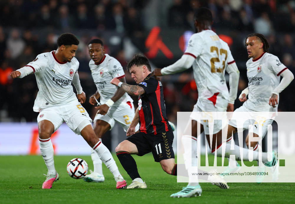 Bournemouth, England, 22nd October 2026. Ben Gannon-Doak of Bournemouth skips past Koni De Winter of AC Milan during the AFC Bournemouth vs AC Milan UEFA Europa League match at the Vitality Stadium, Bournemouth. Picture credit should read: Paul Terry Sportimage . SPI_026_PT_Bournmouthmouth_AC_Milan SPI-5092-0026