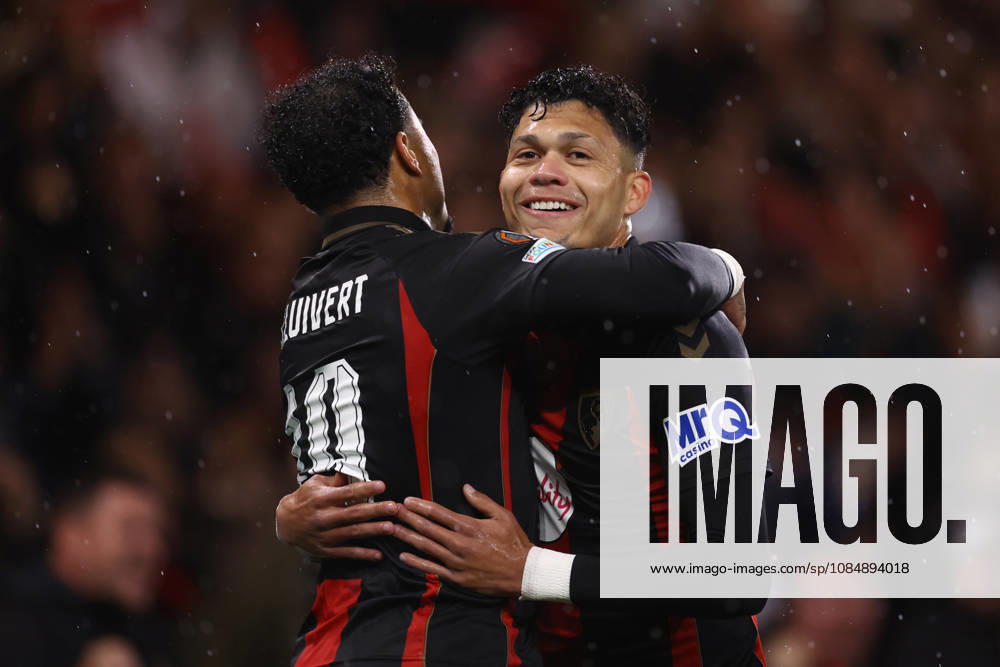 Bournemouth v AC Milan 22 October 2026, Bournemouth - UEFA Europa League - Bournemouth v AC Milan - Justin Kluivert of Bournemouth celebrates scoring the opening goal with Evanilson - Photo: Jacques Feeney Offside. Bournemouth UK