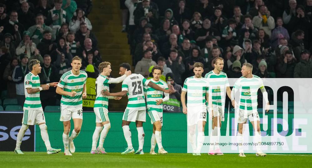 Mika Baur of Celtic celebrates with team mates after scoring to give Celtic a 1-0 lead Celtic v Celta Vigo, UEFA Europa League, Football, Celtic Park, Glasgow, Scotland, UK - 22 Oct 2026Glasgow Celtic Park Scotland United Kingdom