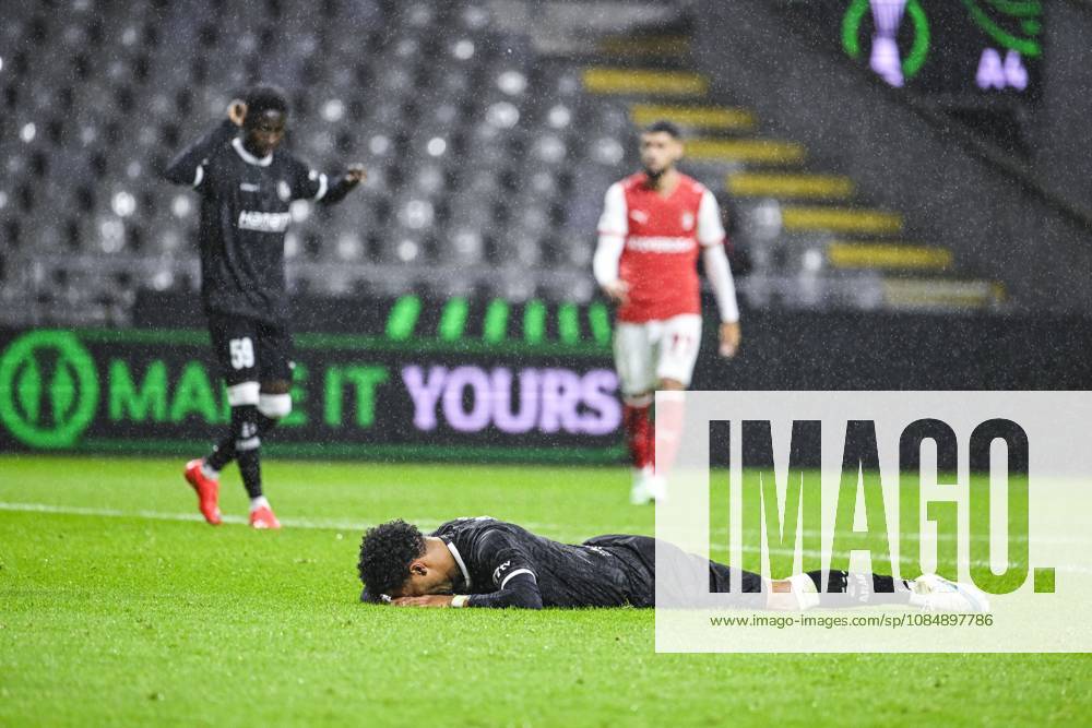 Momodou Lamin Sonko of KAA Gent reacts after missing a big chance during a soccer game between Portuguese SC Braga and Belgian soccer team KAA Gent, Thursday 22 October 2026 in Braga, Portugal, the second match in the UEFA Conference League league phase. TOM GOYVAERTS TomxGoyvaerts x190698814x