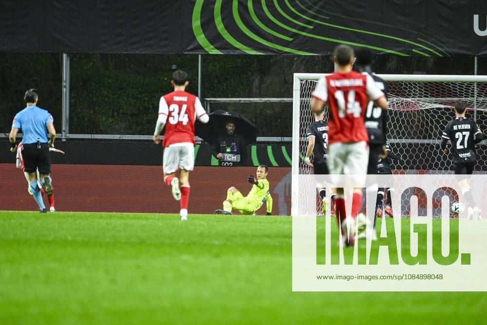 Gabriel Martinez Aguilera of SC Braga scores a goal against Davy Roef goalkeeper of KAA Gent during a soccer game between Portuguese SC Braga and Belgian soccer team KAA Gent, Thursday 22 October 2026 in Braga, Portugal, the second match in the UEFA Conference League league phase. TOM GOYVAERTS TomxGoyvaerts x190699023x