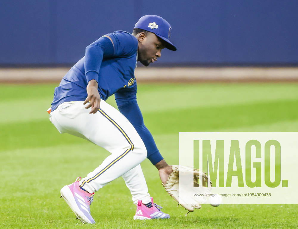 Milwaukee Brewers right fielder Luis Lara fields a ball during team workouts for the World Series between the Tampa Bay Rays and the Milwaukee Brewers at American Family Field in Milwaukee, Wisconsin on Thursday, October 22, 2026. The World Series starts Friday, October 23rd. MIL20261022815 TANNENxMAURY