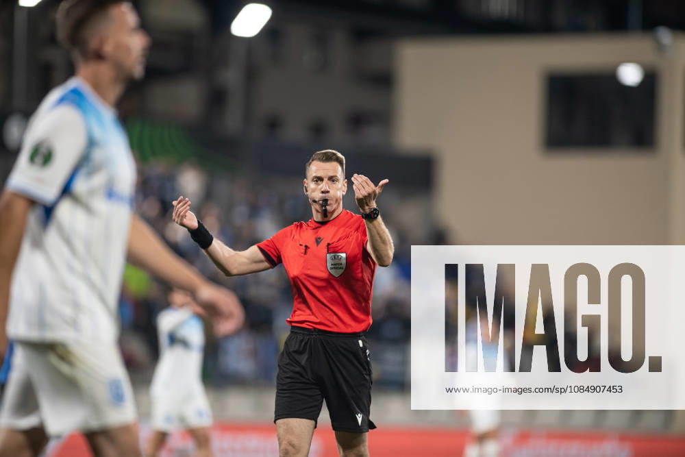 Inter Club Escaldes v Universitatae Craiova - UEFA Conference League Referee Christos Vergetis from Greece is in action during the UEFA Conference League match between Inter Club d Escaldes and Universitatea Craiova at New FAF Stadium in Encamp, Andorra, on October 22, 2026. Encamp Andorra Andorra