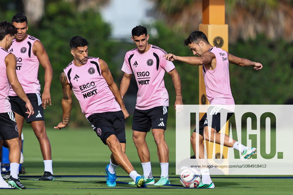 FORT LAUDERDALE, FL - OCTOBER 23: From (L-R), Inter Miami CF forward Luis Suarez (9), forward German Berterame (19) and defender Sergio Reguilon (3) are seen during an Inter Miami Training Session at Florida Blue Training Center on October 23, 2026 in Fort Lauderdale, Florida. (Photo by Chris Arjoon Icon Sportswire) SOCCER: OCT 23 Inter Miami CF Training Icon2610230000003
