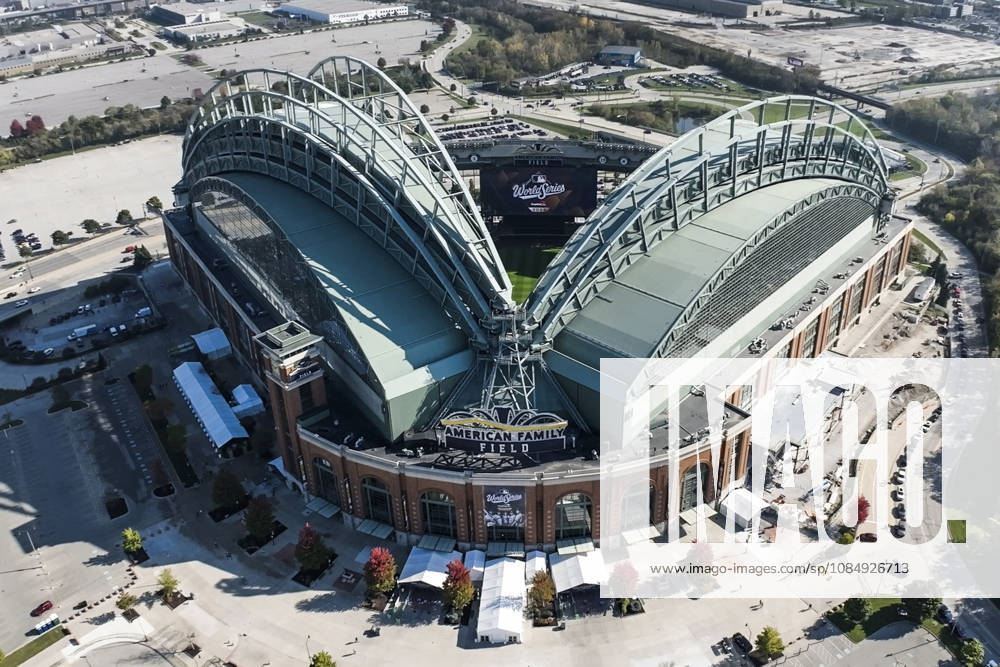 An aerial view shows American Family Field before the start of game one of the 2026 World Series between the Tampa Bay Rays and the Milwaukee Brewers in Milwaukee, Wisconsin on Friday, October 23, 2026. MIL20261023801 TANNENxMAURY