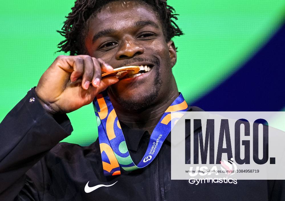Netherlands Artistic Gymnastics World Championships 9271999 24.10.2026 Gold medalist Frederick Richard of the United States poses on the podium during the awarding ceremony following the men s floor exercise final at the 2026 World Artistic Gymnastics Championships in Rotterdam, the Netherlands. Alexey Filippov Sputnik Rotterdam Netherlands