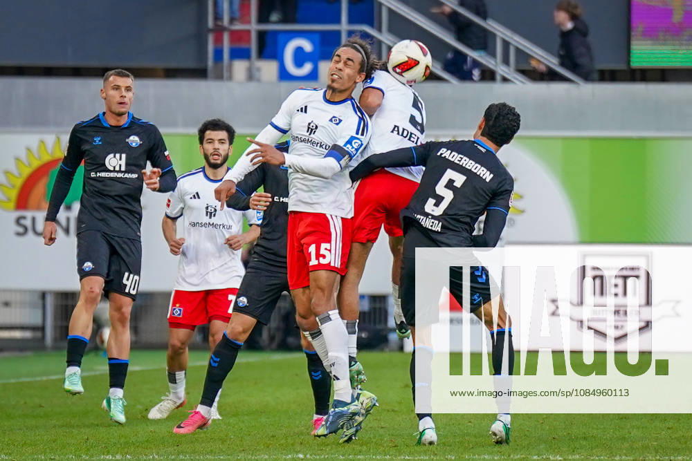 Deutschland: Fussball Bundesliga 2026 - 2027, 7. Spieltag - SC Paderborn vs Hamburger SV - Home-Deluxe-Arena (Paderborn): Yussuf Poulsen (Hamburger SV, 15) Kopfball mit Santiago Castaneda (Paderborn 5) Gabriel Vidovic (Paderborn 40) (Gabriel Vidović) Zakaria El Ouahdi (Hamburger SV, 7)