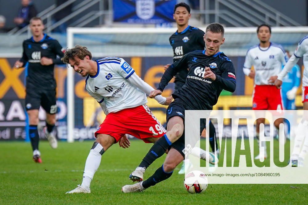 Deutschland: Fussball Bundesliga 2026 - 2027, 7. Spieltag - SC Paderborn vs Hamburger SV - Home-Deluxe-Arena (Paderborn): Tjark Scheller (Paderborn 25) Otto Stange (Hamburger SV, 19) im Zweikampf